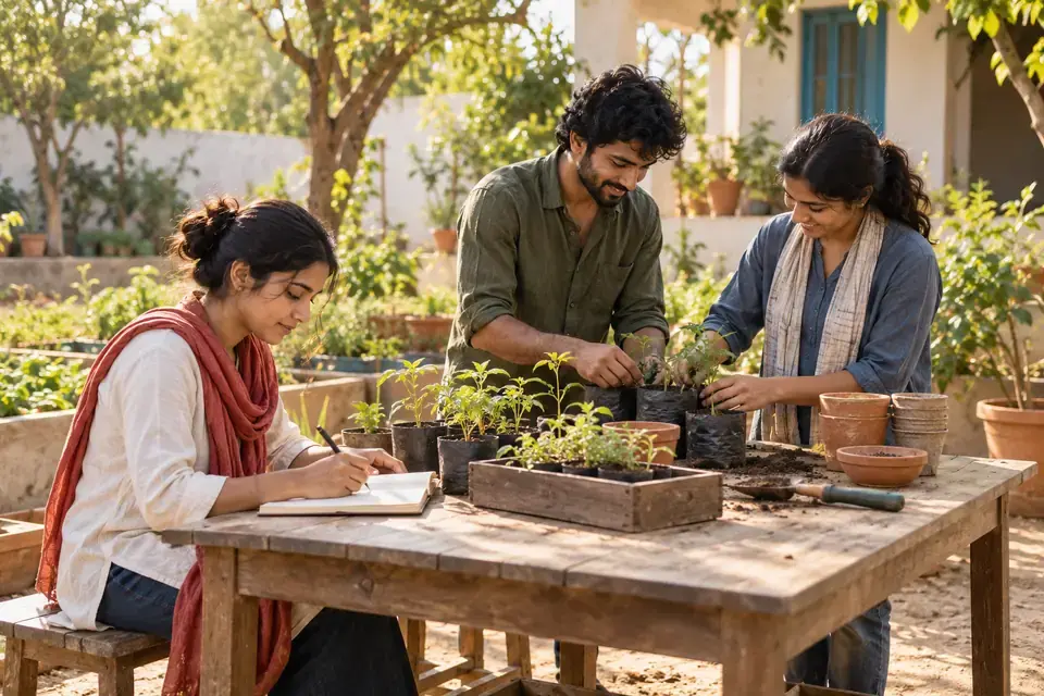 Community team planning and tending young plants in a sunlit courtyard